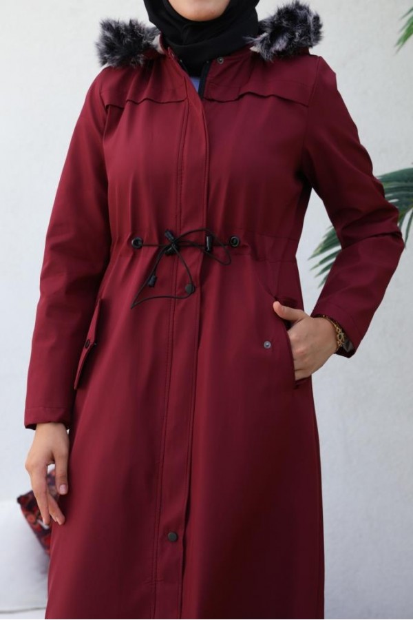  Kapüşonlu Bondit Tesettür Mont Bordo 1054
