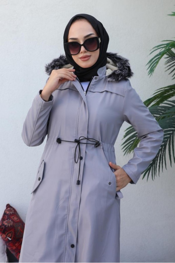  Kapüşonlu Bondit Tesettür Mont Gri 1054