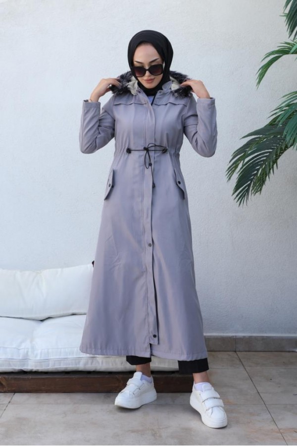  Kapüşonlu Bondit Tesettür Mont Gri 1054