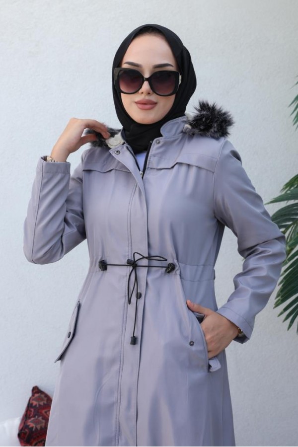 Kapüşonlu Bondit Tesettür Mont Gri 1054