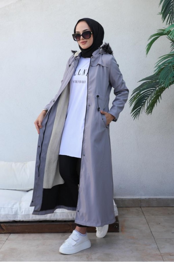  Kapüşonlu Bondit Tesettür Mont Gri 1054