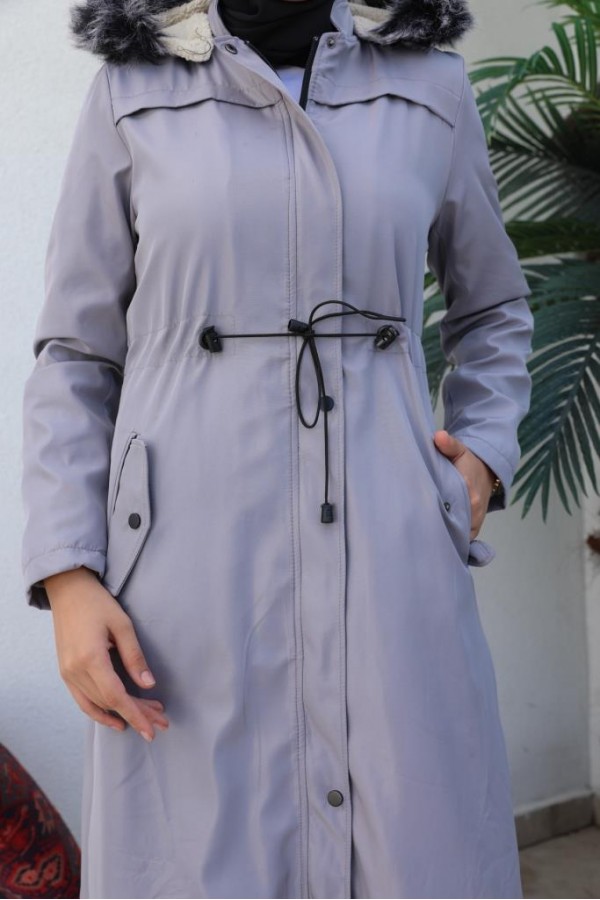  Kapüşonlu Bondit Tesettür Mont Gri 1054