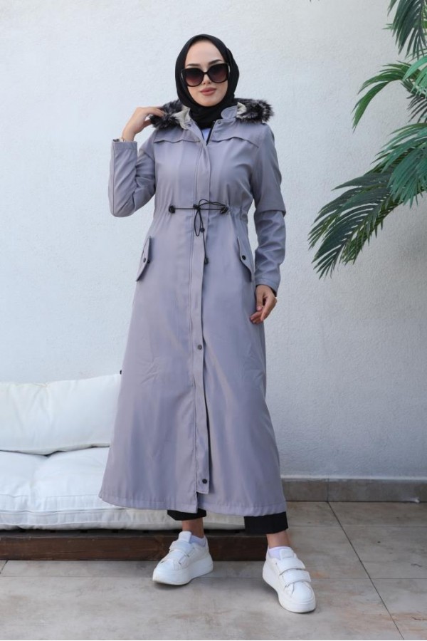  Kapüşonlu Bondit Tesettür Mont Gri 1054