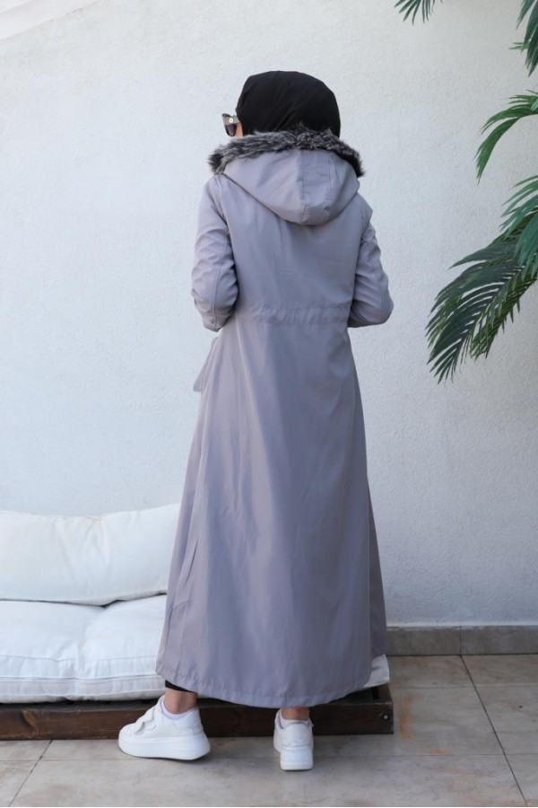  Kapüşonlu Bondit Tesettür Mont Gri 1054