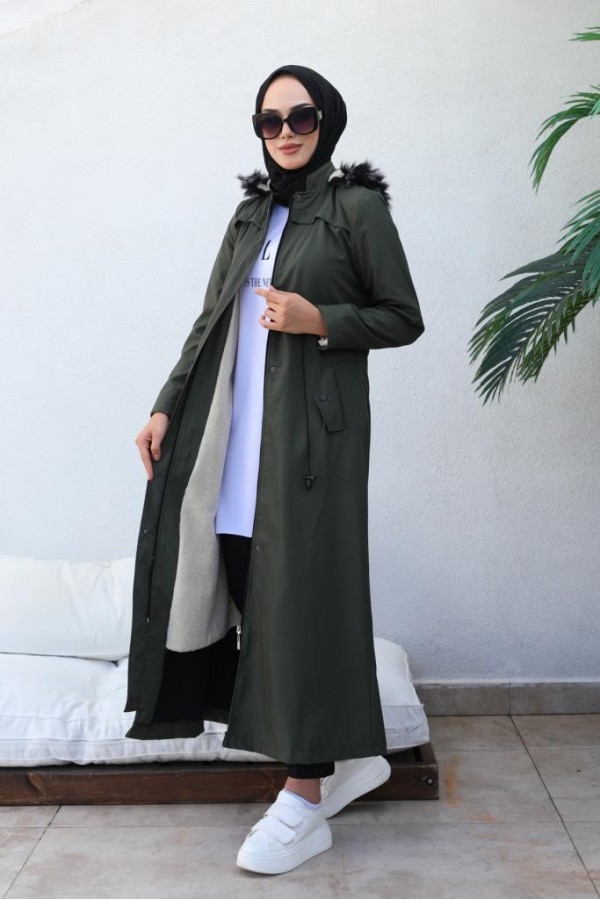Kapüşonlu Bondit Tesettür Mont Haki 1054 Kapüşonlu Bondit Tesettür Mont Haki 1054