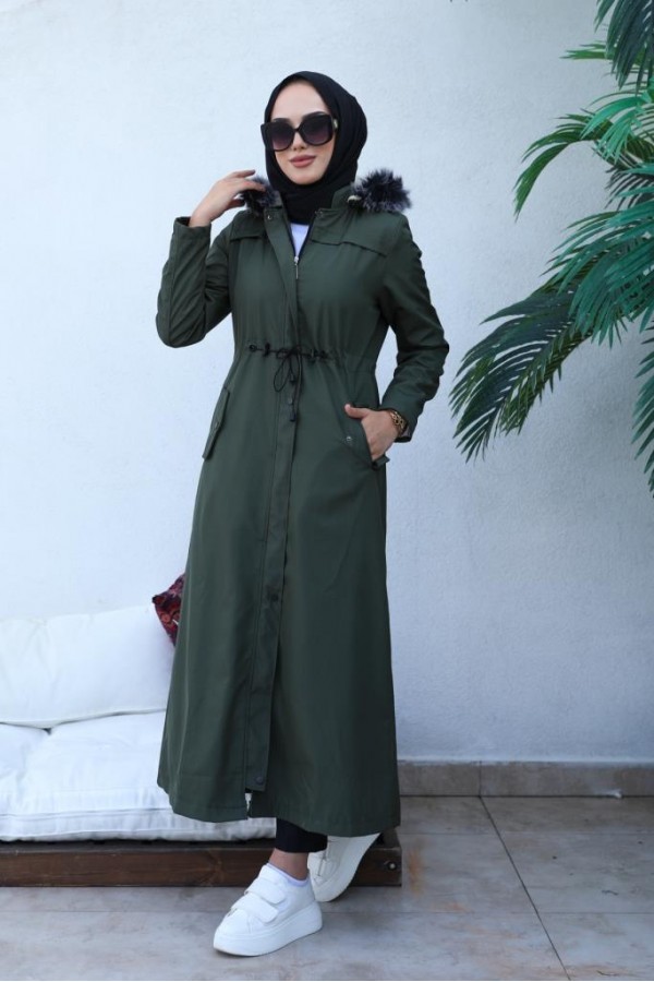 Kapüşonlu Bondit Tesettür Mont Haki 1054 Kapüşonlu Bondit Tesettür Mont Haki 1054