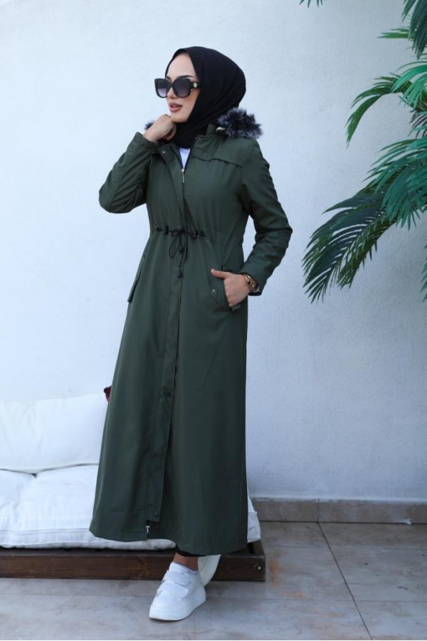 Kapüşonlu Bondit Tesettür Mont Haki 1054 Kapüşonlu Bondit Tesettür Mont Haki 1054