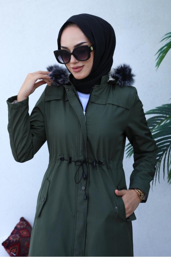 Kapüşonlu Bondit Tesettür Mont Haki 1054 Kapüşonlu Bondit Tesettür Mont Haki 1054