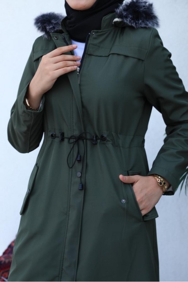 Kapüşonlu Bondit Tesettür Mont Haki 1054 Kapüşonlu Bondit Tesettür Mont Haki 1054