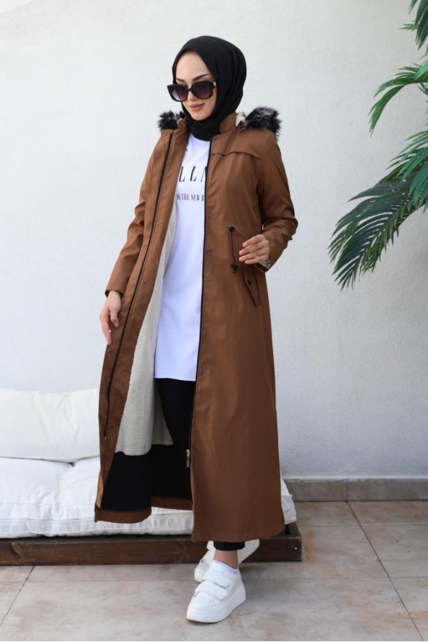  Kapüşonlu Bondit Tesettür Mont Taba 1054