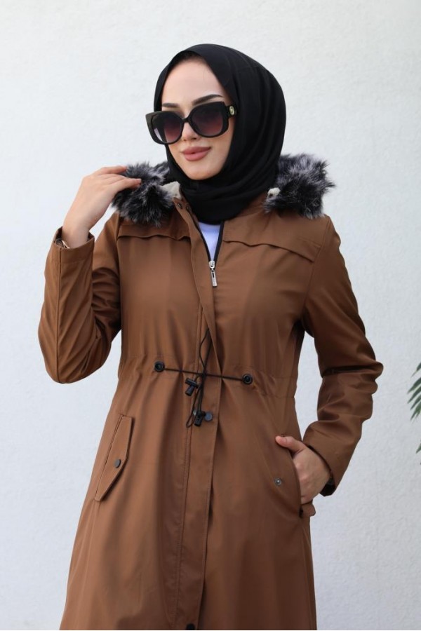 Kapüşonlu Bondit Tesettür Mont Taba 1054