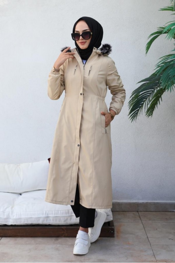 Bel Büzgülü Bondit Tesettür Kaban Bej 8009 Bel Büzgülü Bondit Tesettür Kaban Bej 8009