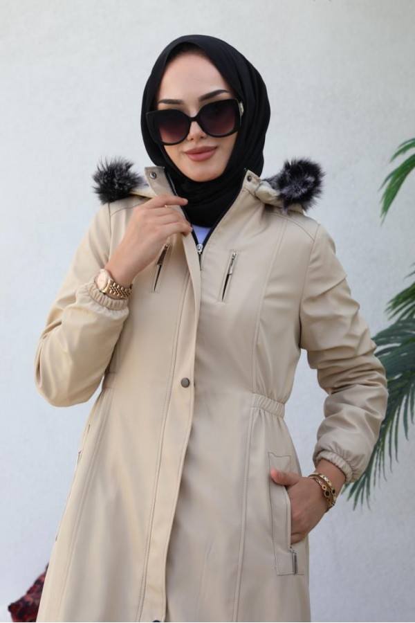 Bel Büzgülü Bondit Tesettür Kaban Bej 8009 Bel Büzgülü Bondit Tesettür Kaban Bej 8009