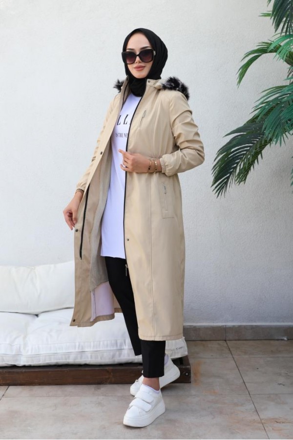 Bel Büzgülü Bondit Tesettür Kaban Bej 8009 Bel Büzgülü Bondit Tesettür Kaban Bej 8009