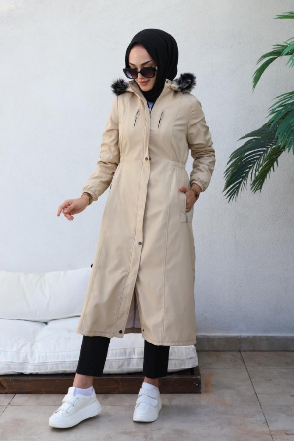 Bel Büzgülü Bondit Tesettür Kaban Bej 8009 Bel Büzgülü Bondit Tesettür Kaban Bej 8009