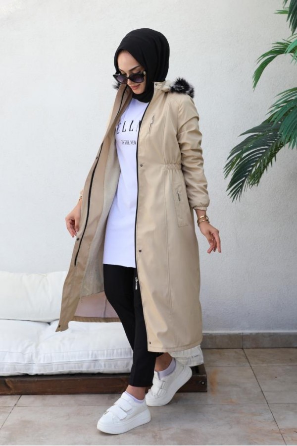 Bel Büzgülü Bondit Tesettür Kaban Bej 8009 Bel Büzgülü Bondit Tesettür Kaban Bej 8009