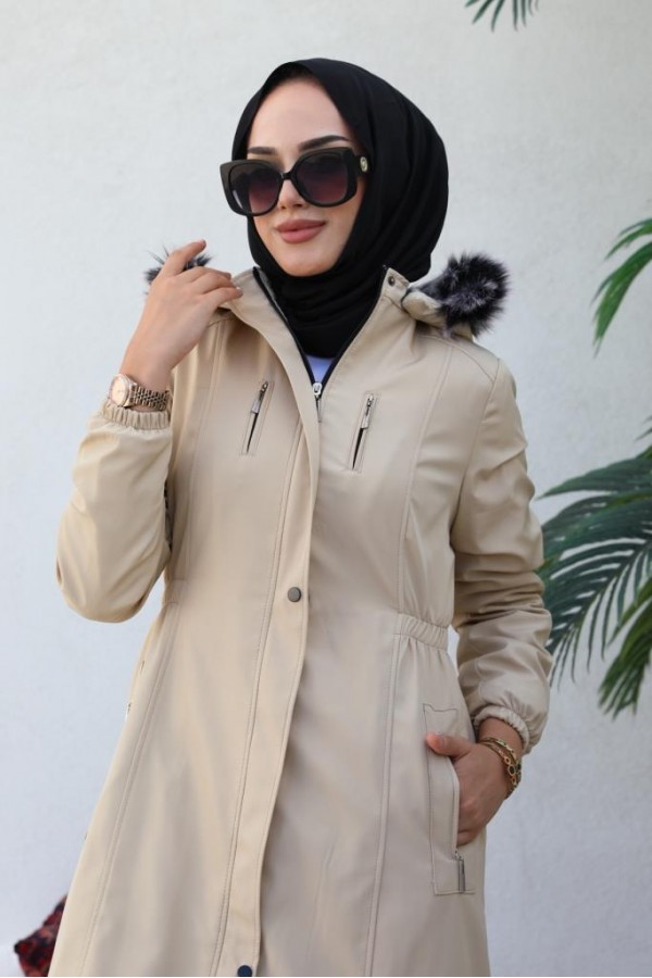Bel Büzgülü Bondit Tesettür Kaban Bej 8009 Bel Büzgülü Bondit Tesettür Kaban Bej 8009