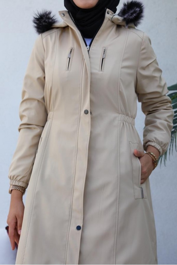 Bel Büzgülü Bondit Tesettür Kaban Bej 8009 Bel Büzgülü Bondit Tesettür Kaban Bej 8009