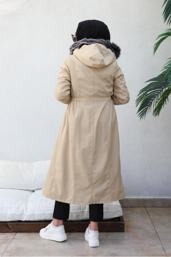 Bel Büzgülü Bondit Tesettür Kaban Bej 8009 Bel Büzgülü Bondit Tesettür Kaban Bej 8009