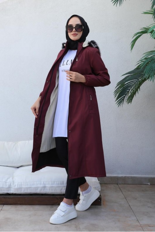 Bel Büzgülü Bondit Tesettür Kaban Bordo 8009 Bel Büzgülü Bondit Tesettür Kaban Bordo 8009