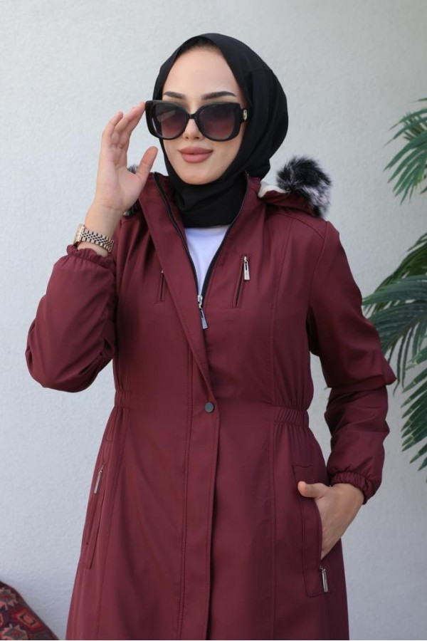 Bel Büzgülü Bondit Tesettür Kaban Bordo 8009 Bel Büzgülü Bondit Tesettür Kaban Bordo 8009