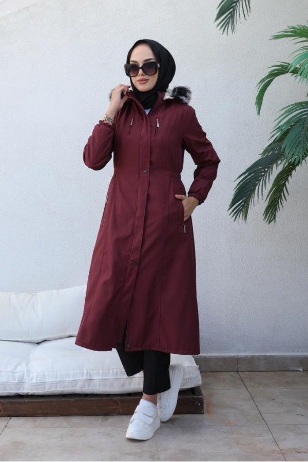 Bel Büzgülü Bondit Tesettür Kaban Bordo 8009 Bel Büzgülü Bondit Tesettür Kaban Bordo 8009