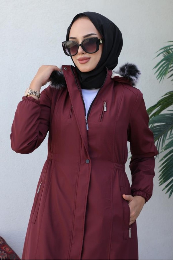 Bel Büzgülü Bondit Tesettür Kaban Bordo 8009 Bel Büzgülü Bondit Tesettür Kaban Bordo 8009