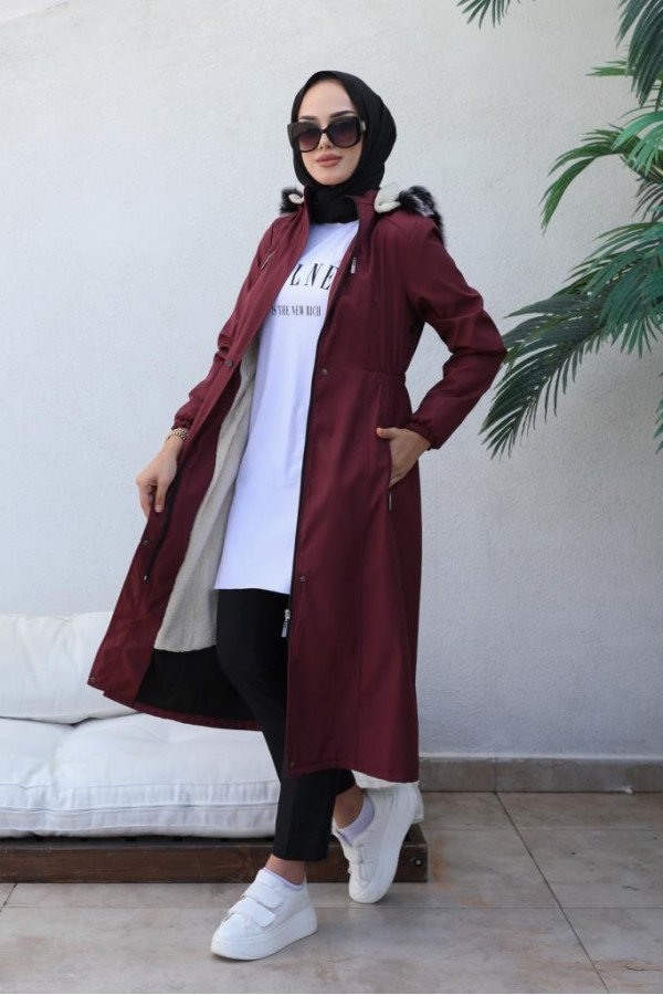 Bel Büzgülü Bondit Tesettür Kaban Bordo 8009 Bel Büzgülü Bondit Tesettür Kaban Bordo 8009