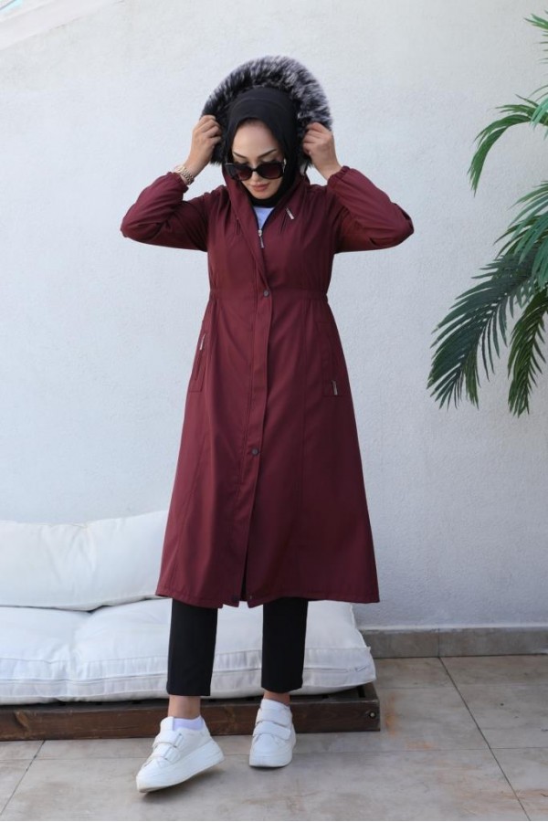 Bel Büzgülü Bondit Tesettür Kaban Bordo 8009 Bel Büzgülü Bondit Tesettür Kaban Bordo 8009