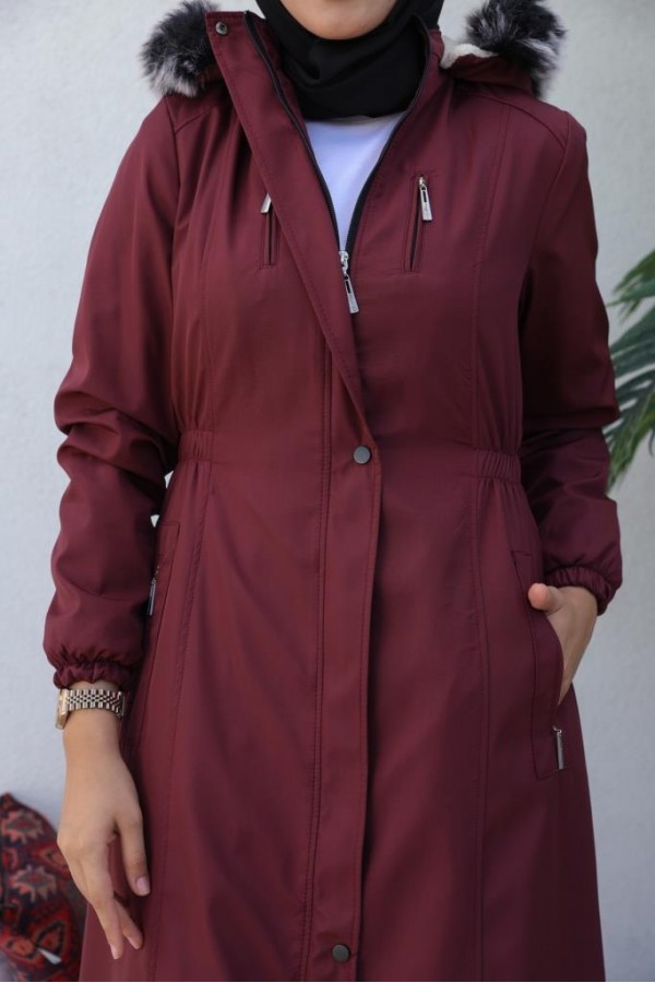 Bel Büzgülü Bondit Tesettür Kaban Bordo 8009 Bel Büzgülü Bondit Tesettür Kaban Bordo 8009