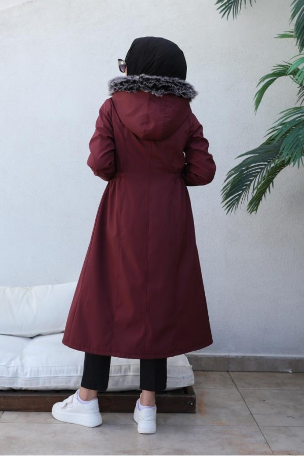 Bel Büzgülü Bondit Tesettür Kaban Bordo 8009 Bel Büzgülü Bondit Tesettür Kaban Bordo 8009