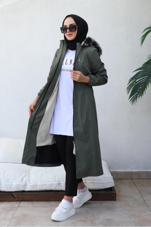 Bel Büzgülü Bondit Tesettür Kaban Haki 8009 Bel Büzgülü Bondit Tesettür Kaban Haki 8009