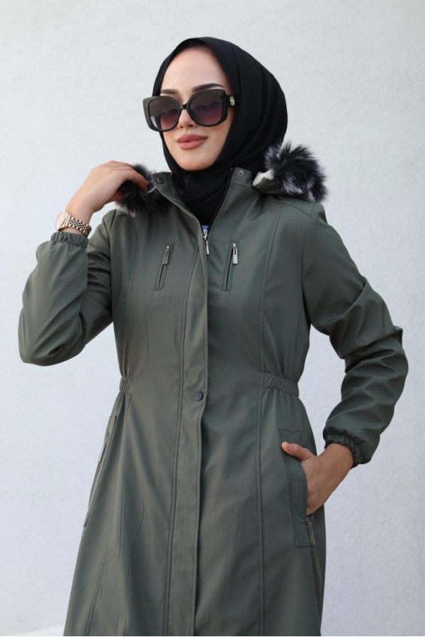 Bel Büzgülü Bondit Tesettür Kaban Haki 8009 Bel Büzgülü Bondit Tesettür Kaban Haki 8009