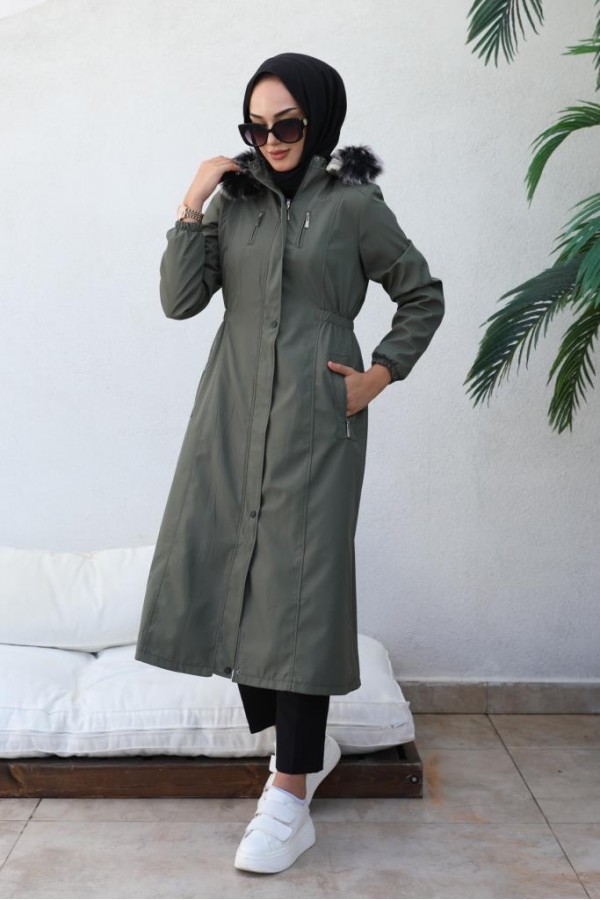 Bel Büzgülü Bondit Tesettür Kaban Haki 8009 Bel Büzgülü Bondit Tesettür Kaban Haki 8009