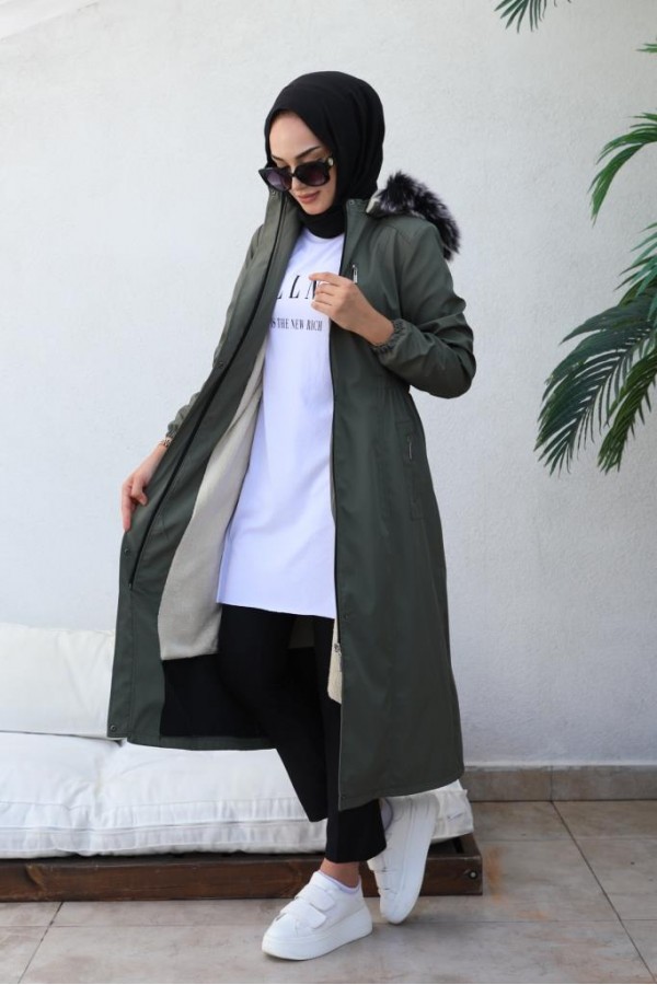 Bel Büzgülü Bondit Tesettür Kaban Haki 8009 Bel Büzgülü Bondit Tesettür Kaban Haki 8009