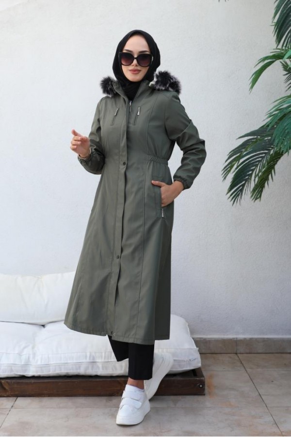 Bel Büzgülü Bondit Tesettür Kaban Haki 8009 Bel Büzgülü Bondit Tesettür Kaban Haki 8009