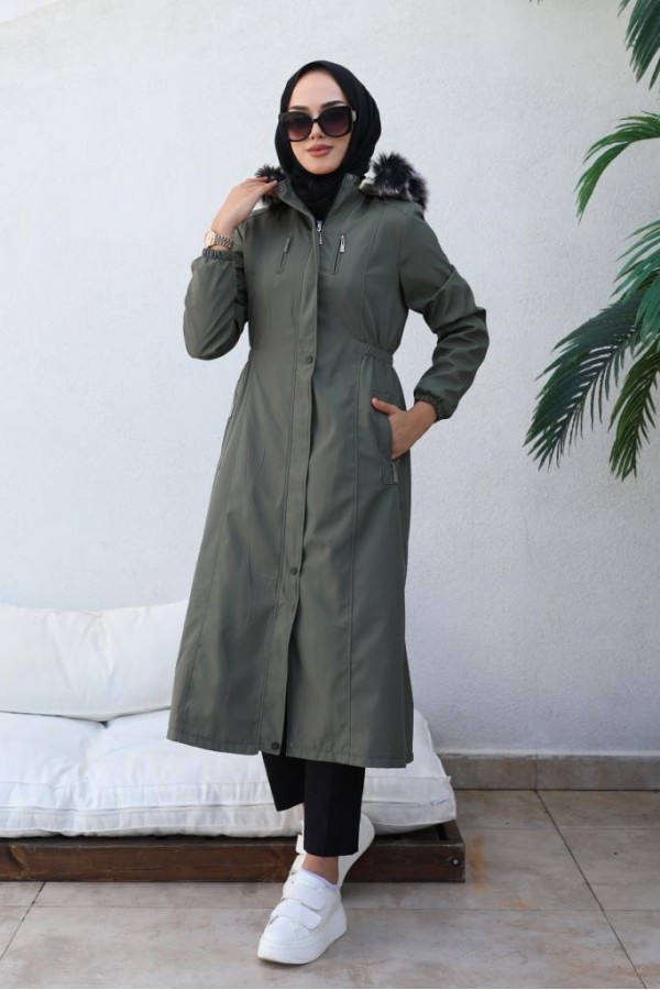 Bel Büzgülü Bondit Tesettür Kaban Haki 8009 Bel Büzgülü Bondit Tesettür Kaban Haki 8009