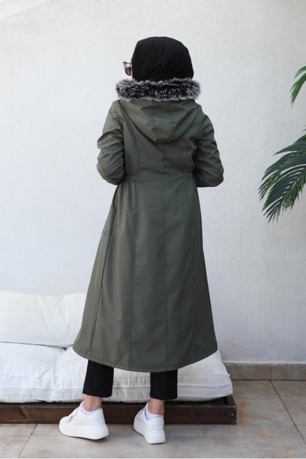 Bel Büzgülü Bondit Tesettür Kaban Haki 8009 Bel Büzgülü Bondit Tesettür Kaban Haki 8009