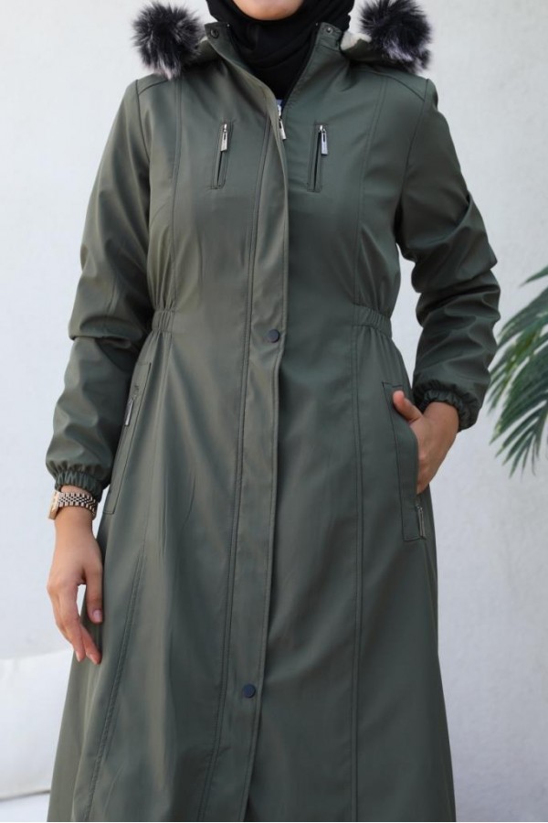 Bel Büzgülü Bondit Tesettür Kaban Haki 8009 Bel Büzgülü Bondit Tesettür Kaban Haki 8009