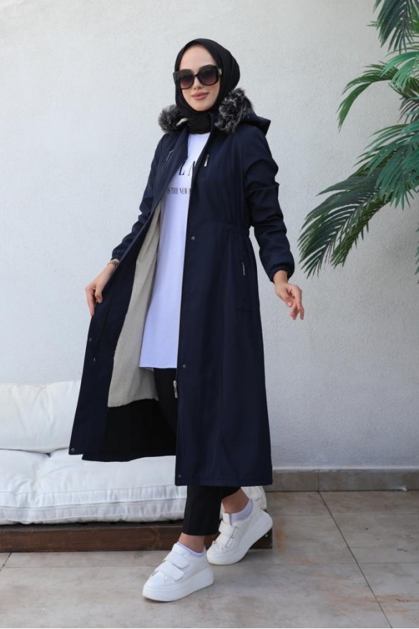 Bel Büzgülü Bondit Tesettür Kaban Lacivert 8009 Bel Büzgülü Bondit Tesettür Kaban Lacivert 8009