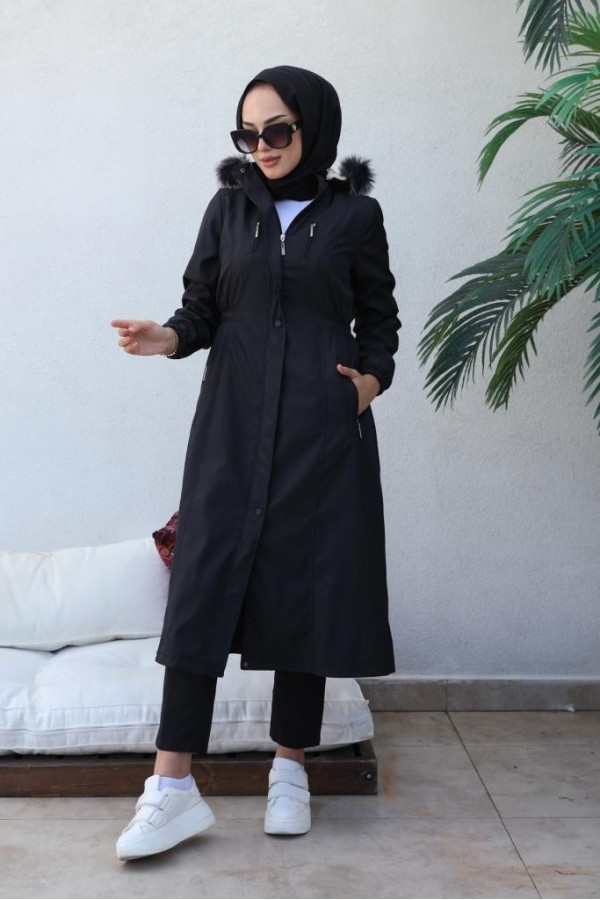 Bel Büzgülü Bondit Tesettür Kaban Lacivert 8009 Bel Büzgülü Bondit Tesettür Kaban Lacivert 8009