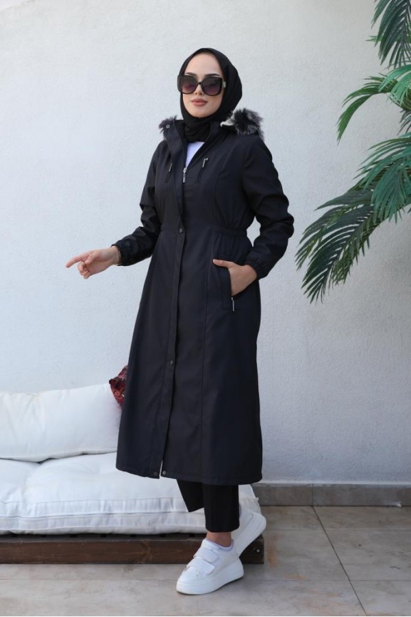 Bel Büzgülü Bondit Tesettür Kaban Lacivert 8009 Bel Büzgülü Bondit Tesettür Kaban Lacivert 8009