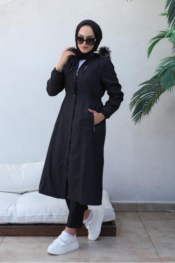 Bel Büzgülü Bondit Tesettür Kaban Lacivert 8009 Bel Büzgülü Bondit Tesettür Kaban Lacivert 8009