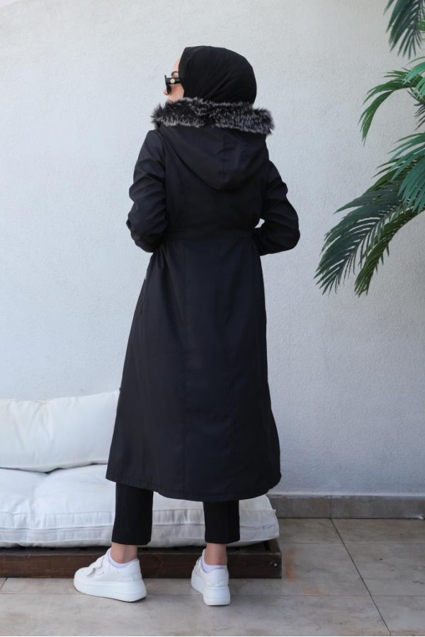 Bel Büzgülü Bondit Tesettür Kaban Lacivert 8009 Bel Büzgülü Bondit Tesettür Kaban Lacivert 8009