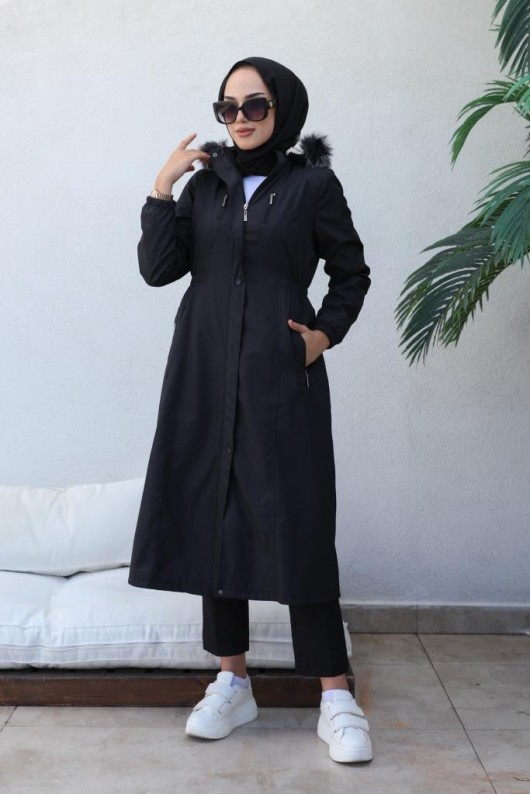 Bel Büzgülü Bondit Tesettür Kaban Siyah 8009 Bel Büzgülü Bondit Tesettür Kaban Siyah 8009