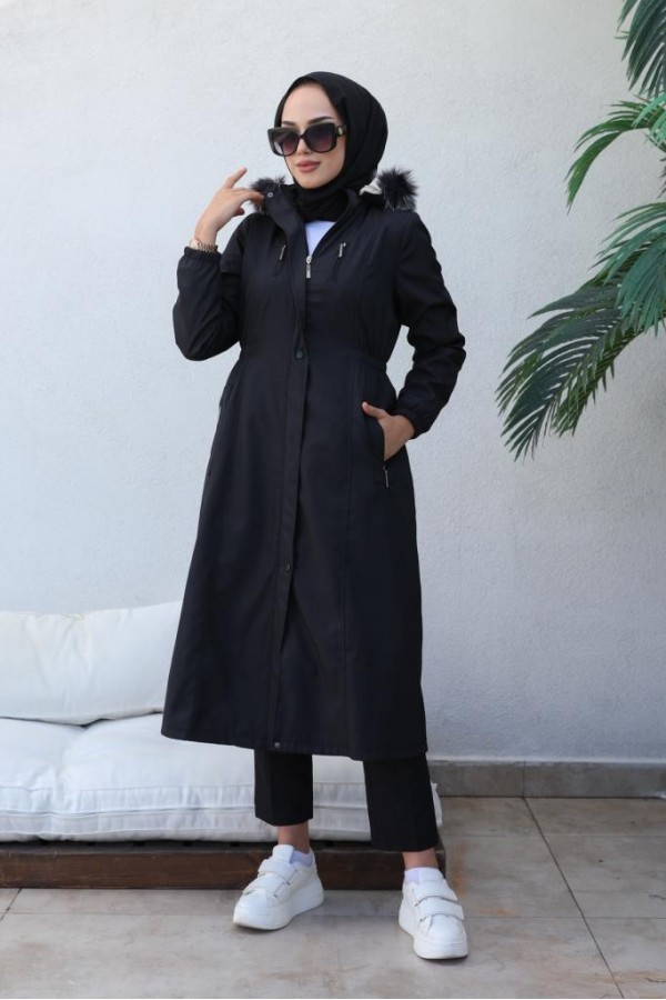 Bel Büzgülü Bondit Tesettür Kaban Siyah 8009 Bel Büzgülü Bondit Tesettür Kaban Siyah 8009