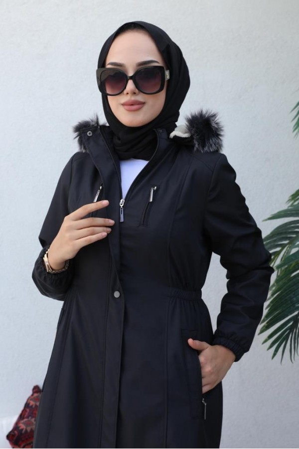 Bel Büzgülü Bondit Tesettür Kaban Siyah 8009 Bel Büzgülü Bondit Tesettür Kaban Siyah 8009