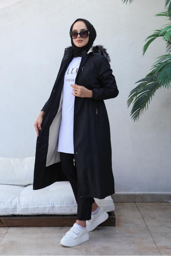 Bel Büzgülü Bondit Tesettür Kaban Siyah 8009 Bel Büzgülü Bondit Tesettür Kaban Siyah 8009