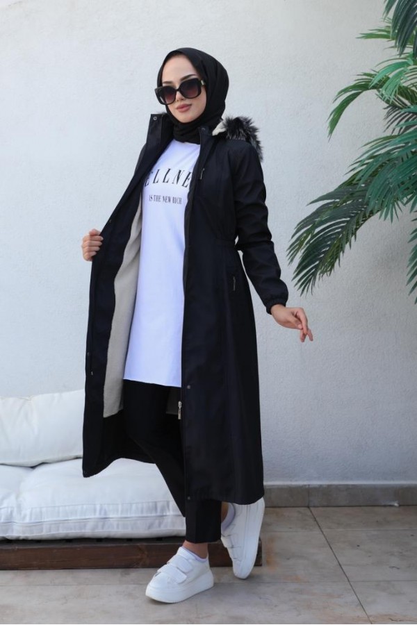 Bel Büzgülü Bondit Tesettür Kaban Siyah 8009 Bel Büzgülü Bondit Tesettür Kaban Siyah 8009