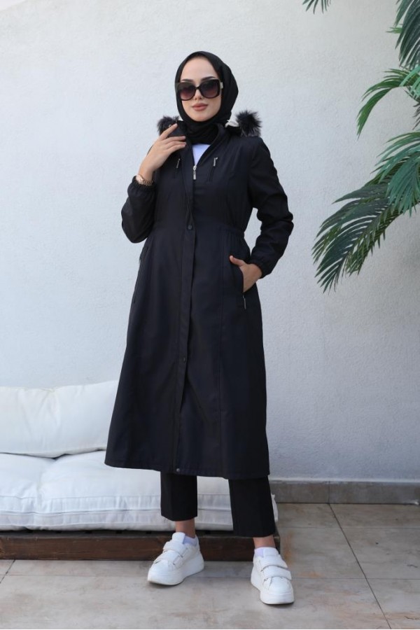 Bel Büzgülü Bondit Tesettür Kaban Siyah 8009 Bel Büzgülü Bondit Tesettür Kaban Siyah 8009